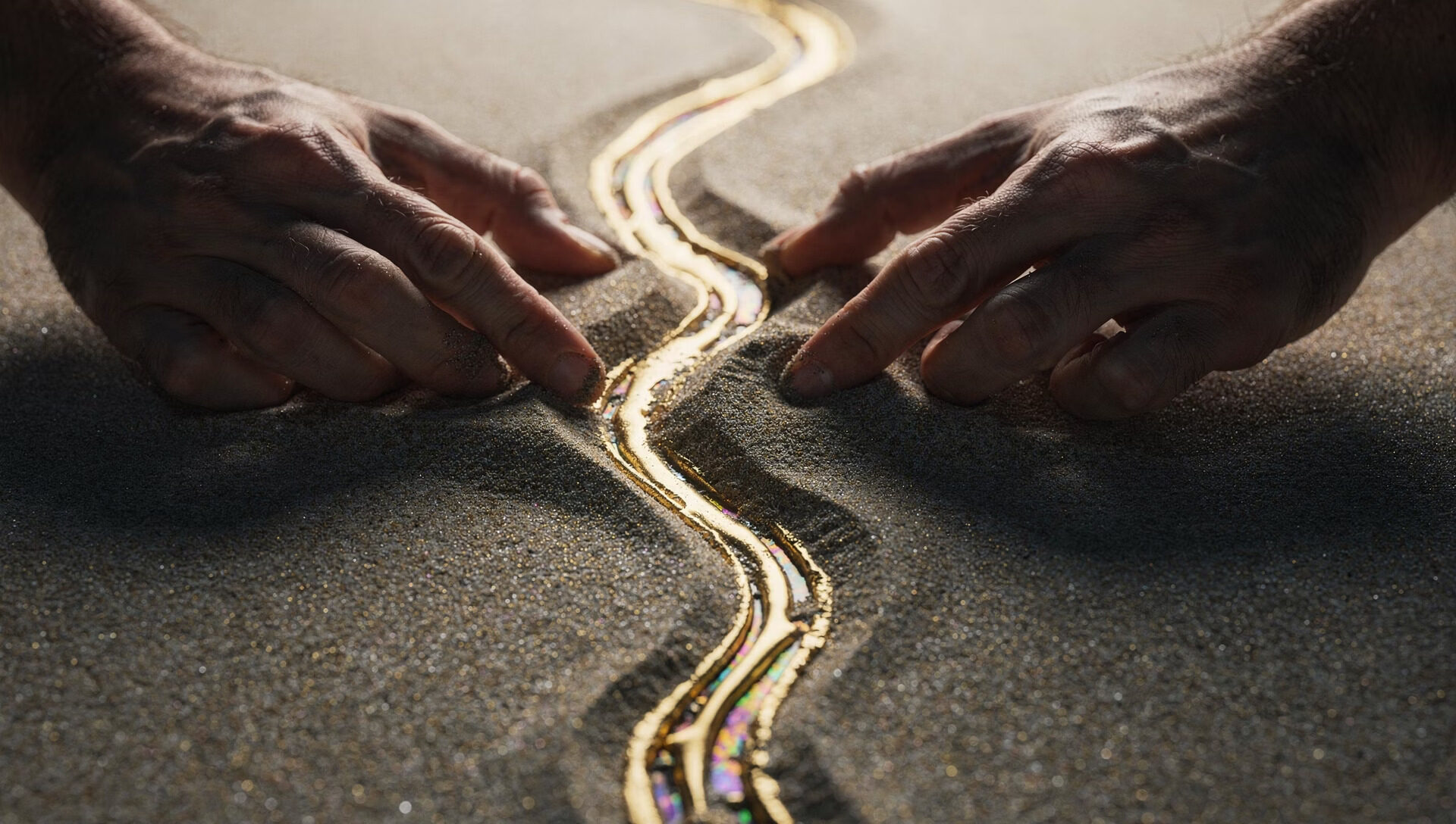 Two hands joining separate golden pathways, representing senior judgment connecting fragmented decisions.