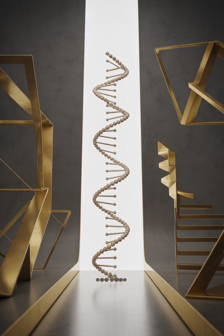 A DNA pathway opening through successive gates, representing disciplined movement through clinical phases.