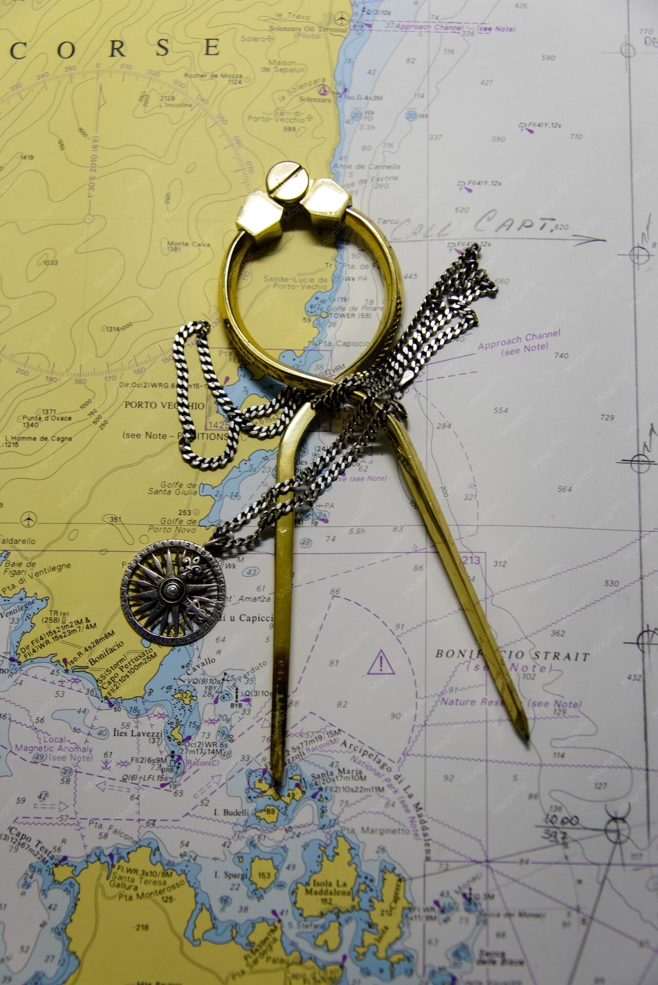 Navigation instruments on a chart, representing a clinical-development route chosen before execution.