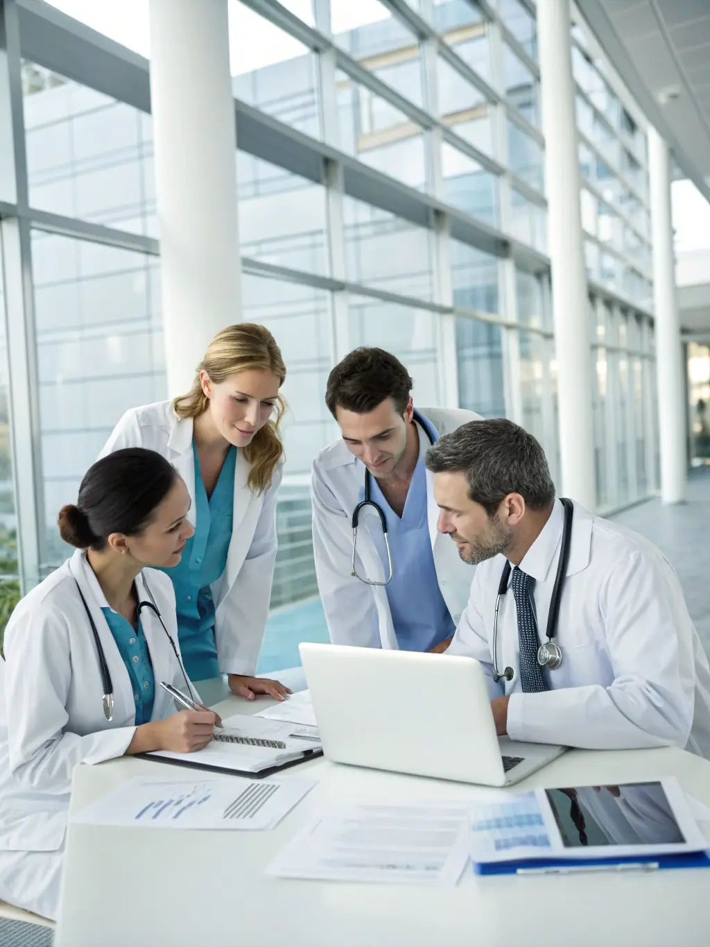 A team of consultants collaborating over clinical data and strategy documents in a modern office setting, representing Manolo Beelke & Partners' strategic consulting services.