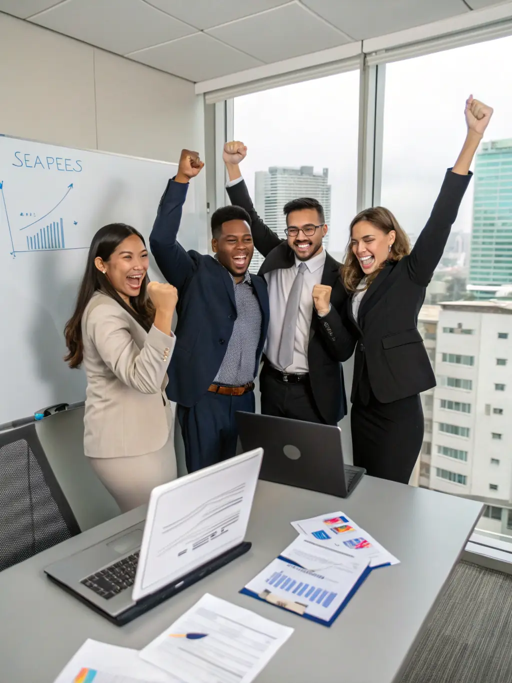 A group of professionals celebrating the completion of a leadership development program, symbolizing their commitment to continuous learning and professional excellence.