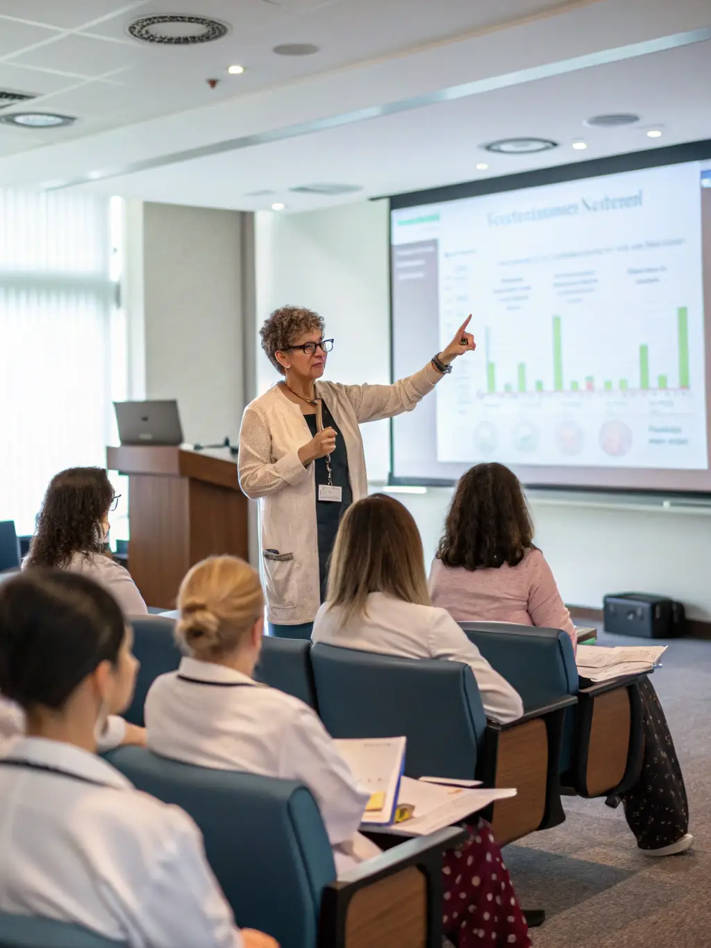 A clinical development expert leading a workshop at the Clinical Development Academy, guiding participants through the intricacies of clinical trial design and execution.