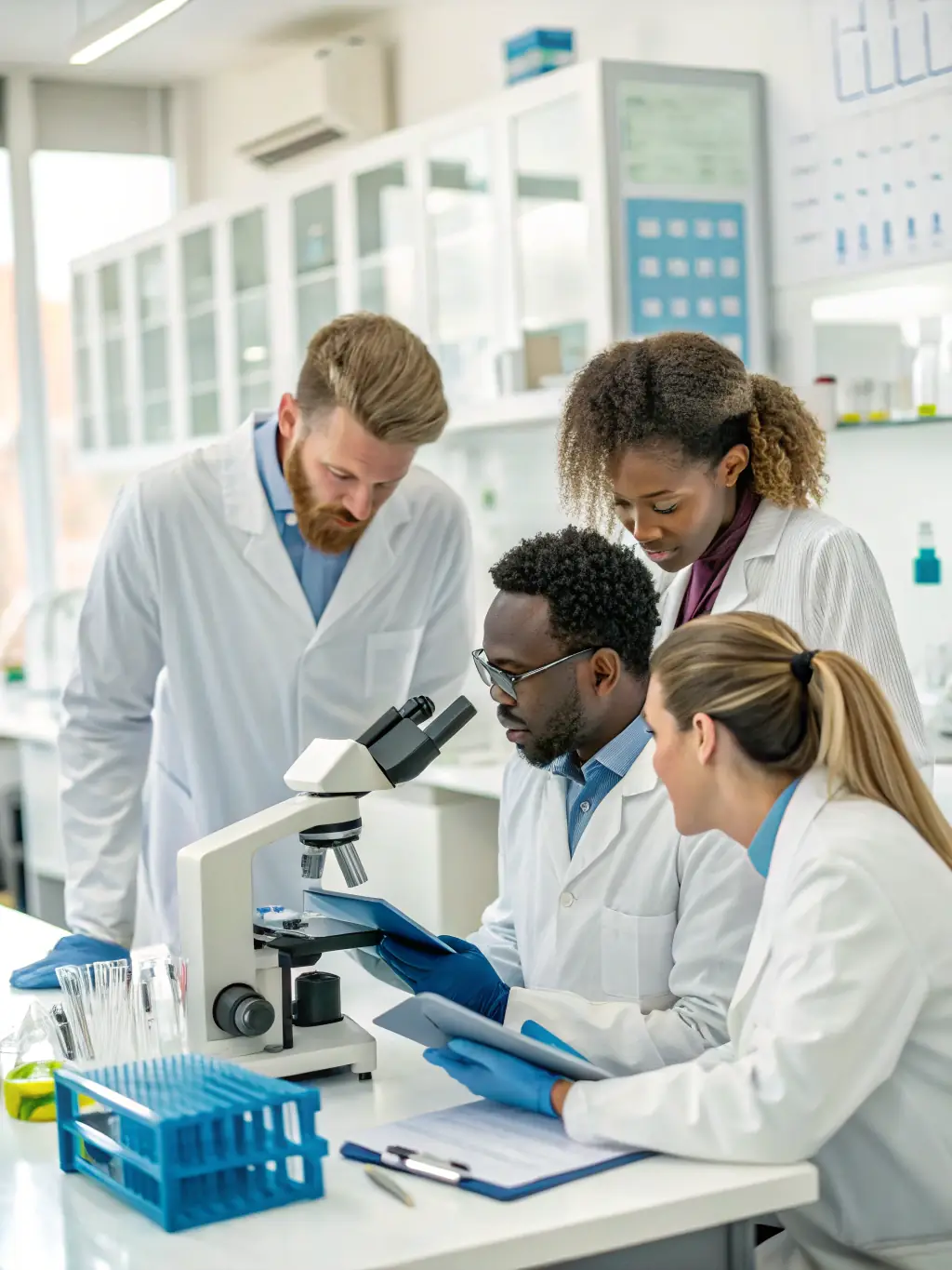 A professional headshot of a diverse group of clinical researchers collaborating in a modern lab setting, symbolizing the practical knowledge gained from the Clinical Development Academy.
