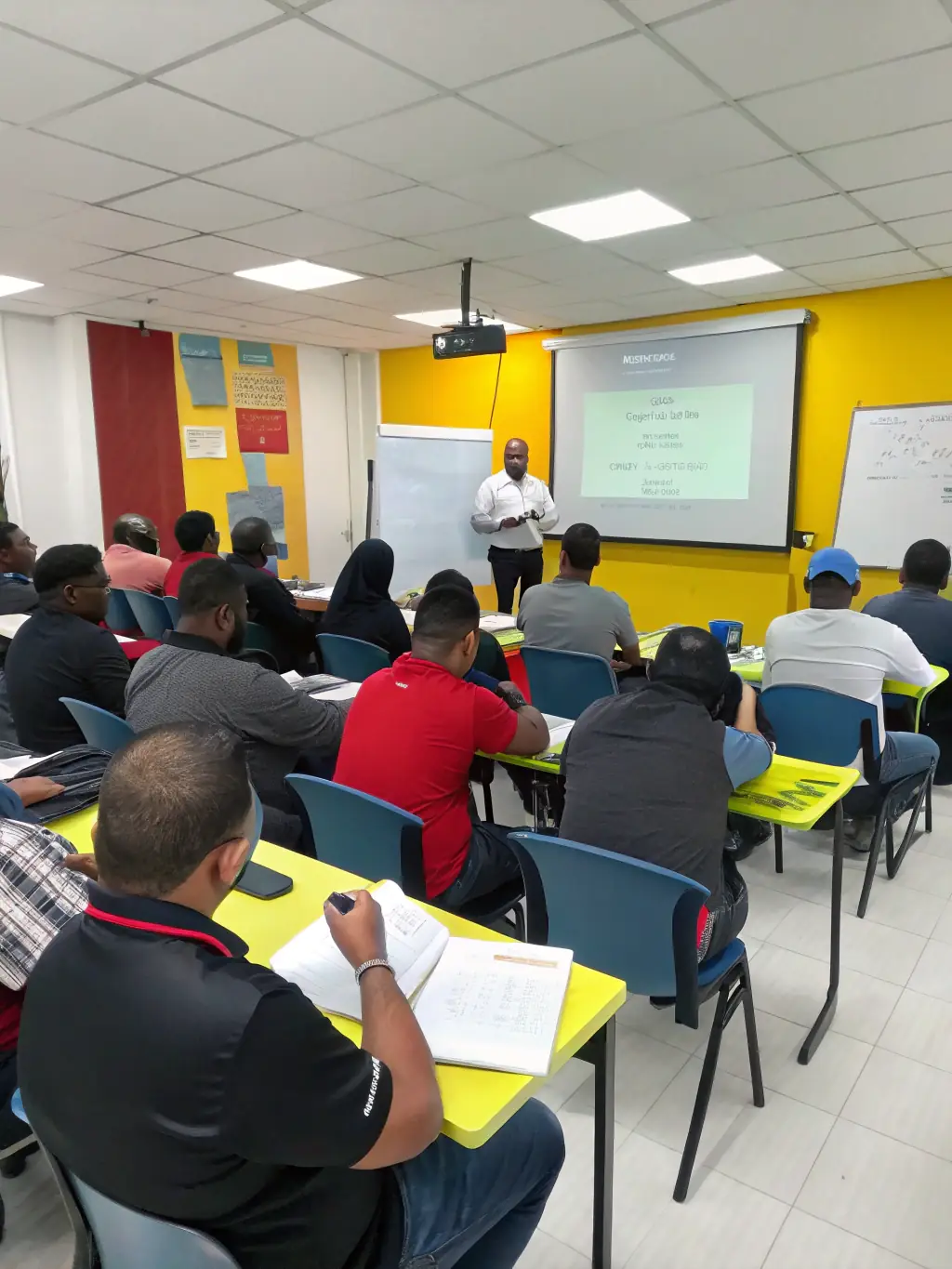 A diverse group of professionals actively participating in a leadership training session at the Areté Leadership Academy, focusing on team-building exercises and strategic decision-making.