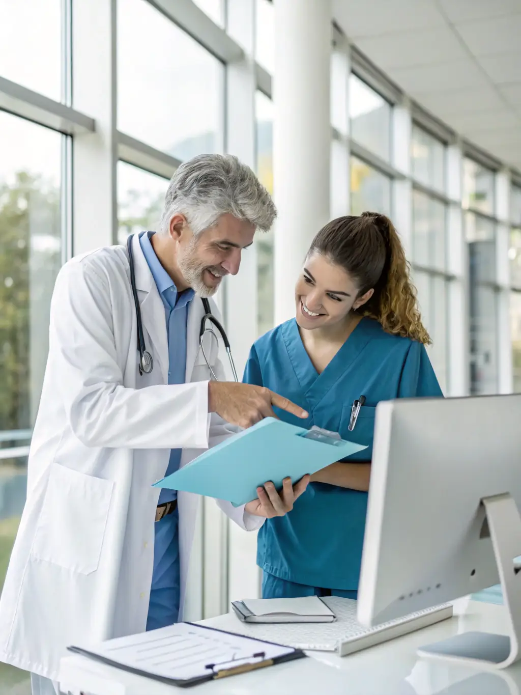 A mentor guiding a mentee through a complex clinical trial data set, fostering knowledge transfer and practical application of clinical development principles.
