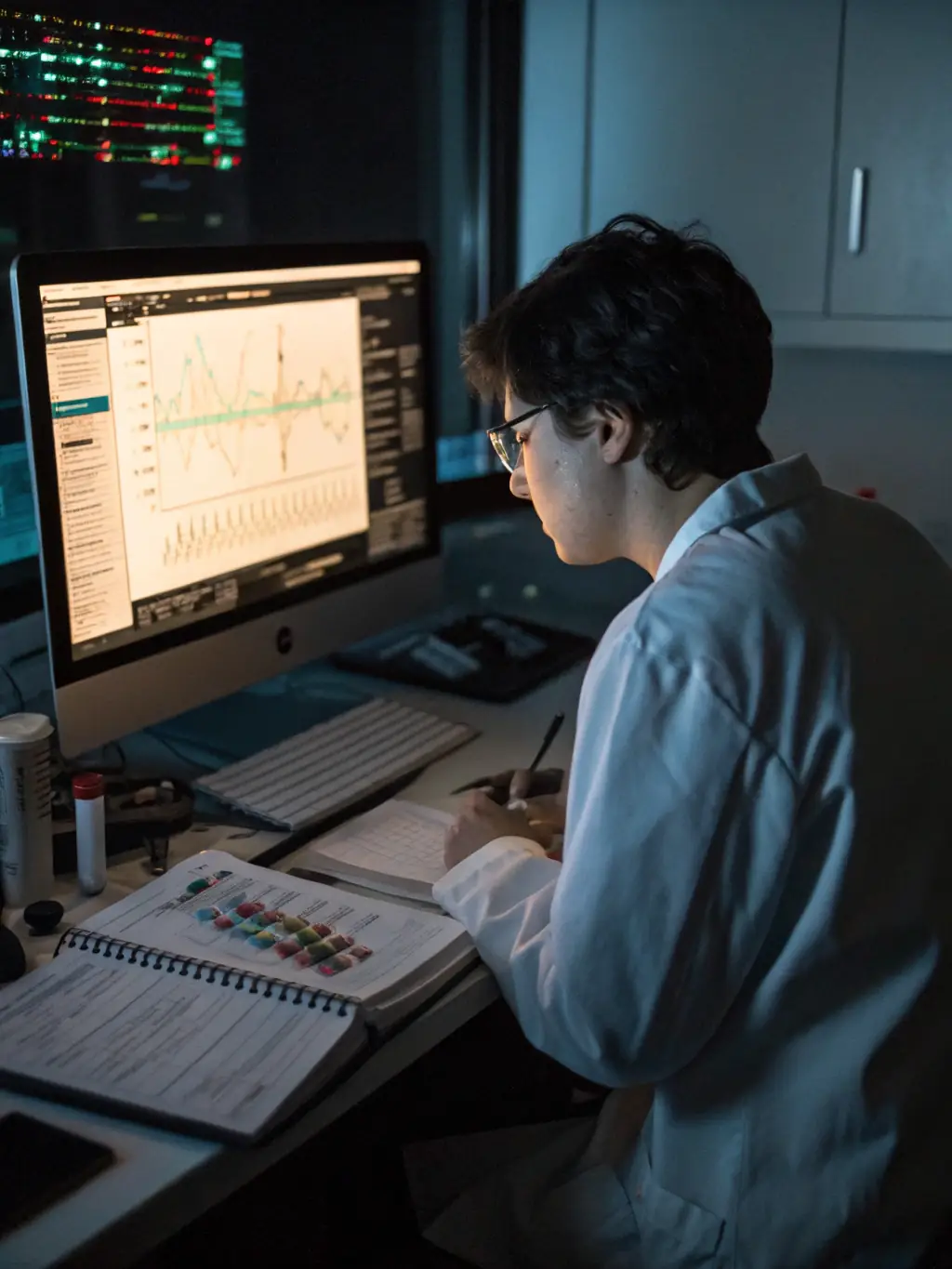 A close-up shot of a scientist analyzing data on a computer screen, representing the data-driven approach taught in the Clinical Development Academy.