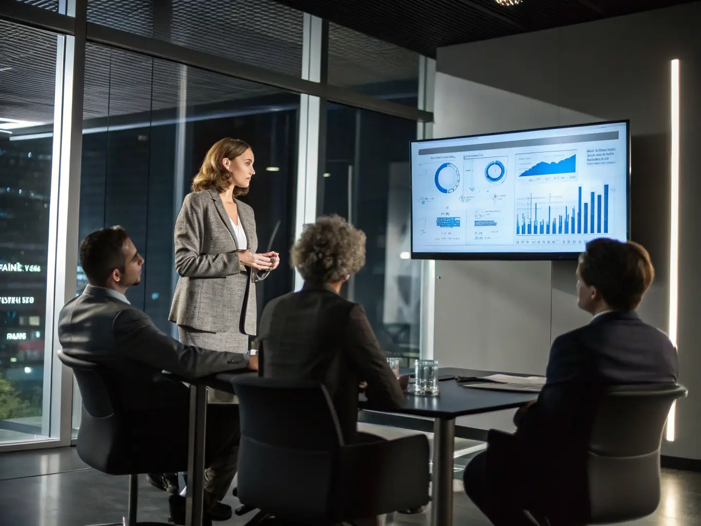 A project manager confidently presenting data-driven insights to a leadership team, illustrating the power of informed and rapid decision-making.