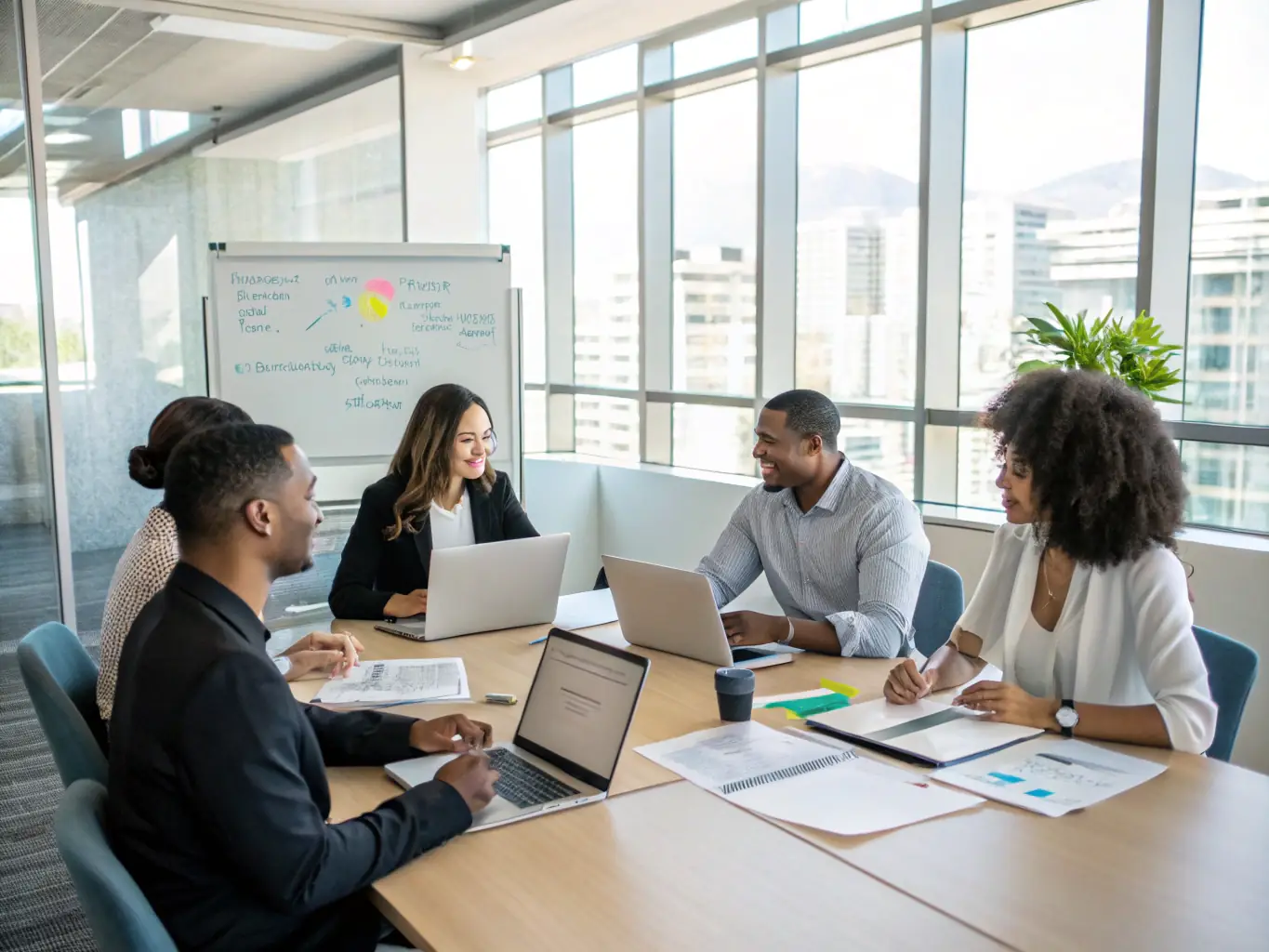A diverse team of clinical trial managers collaborating effectively in a modern office setting, showcasing cross-functional alignment and teamwork.