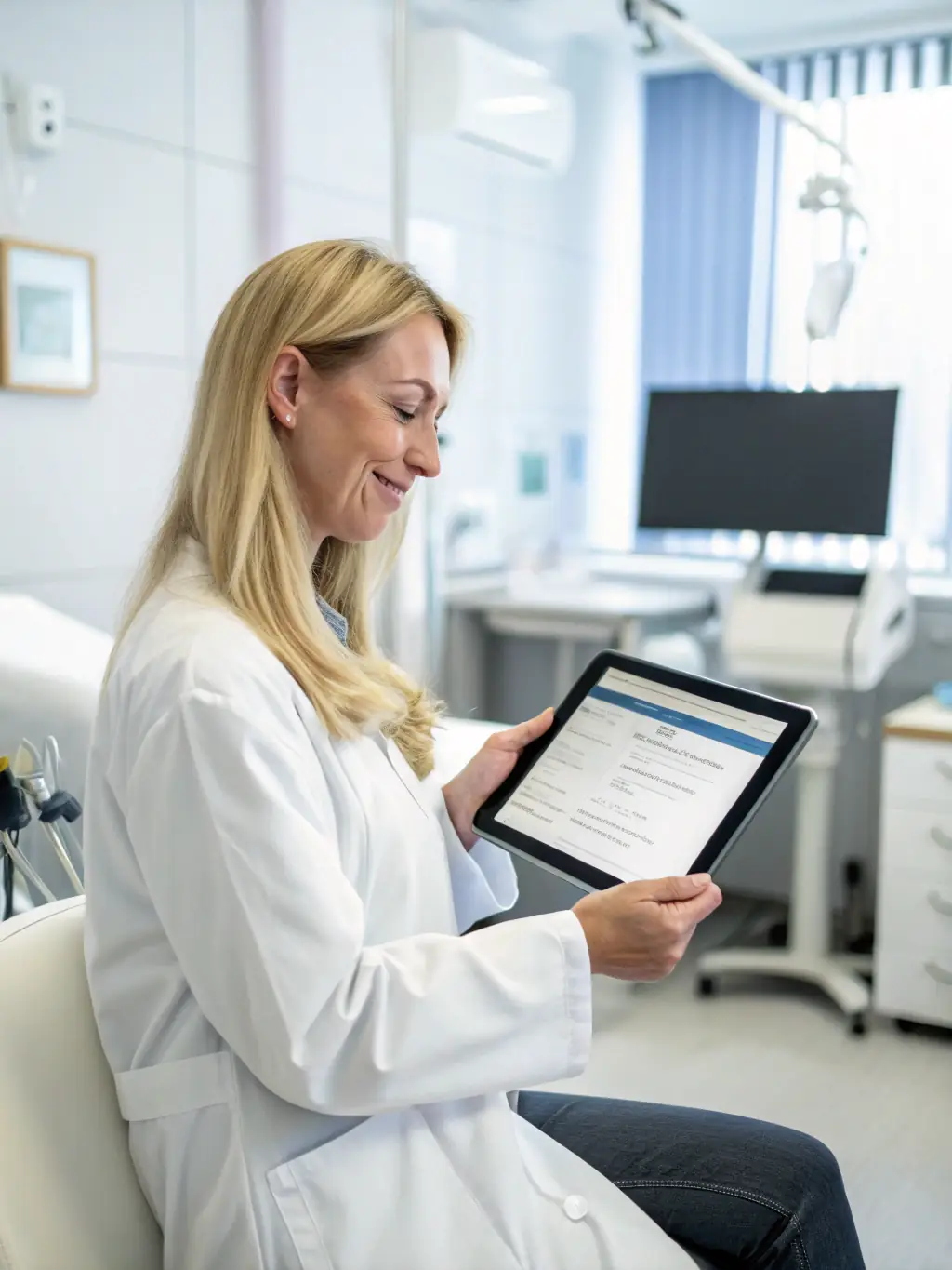 A clinical trial monitor reviewing adaptive trial data on a tablet in a clinical setting, showcasing Manolo Beelke & Partners' adaptive design and trial execution capabilities.