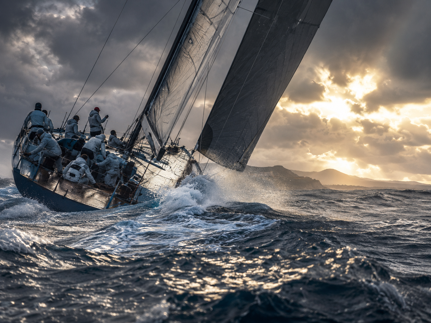 a sialing crew in the storm towarsds teh harbor as symbol of leadership and controlled execution