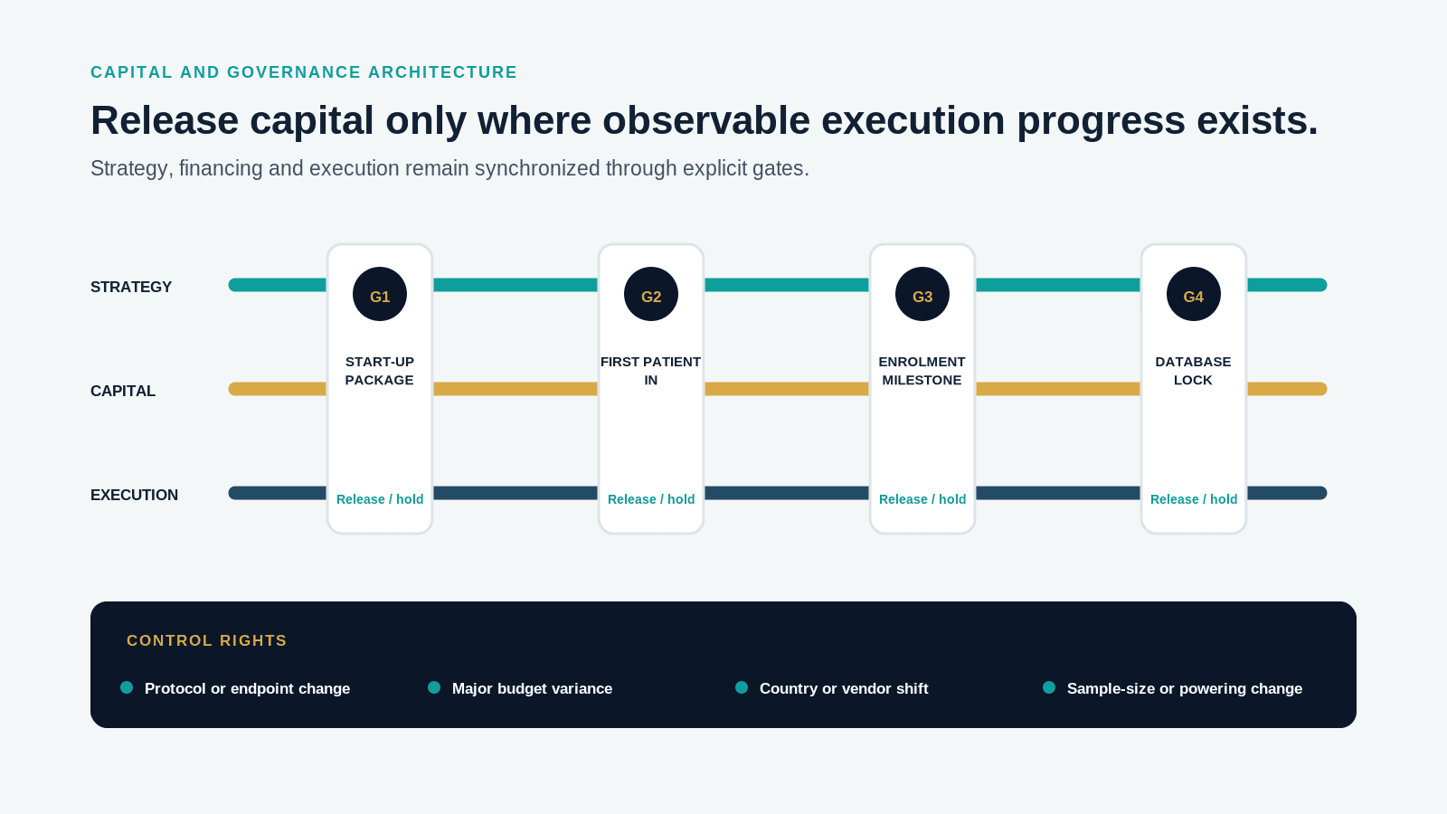 Parallel strategy, capital and execution streams passing through explicit gated release milestones and control rights.