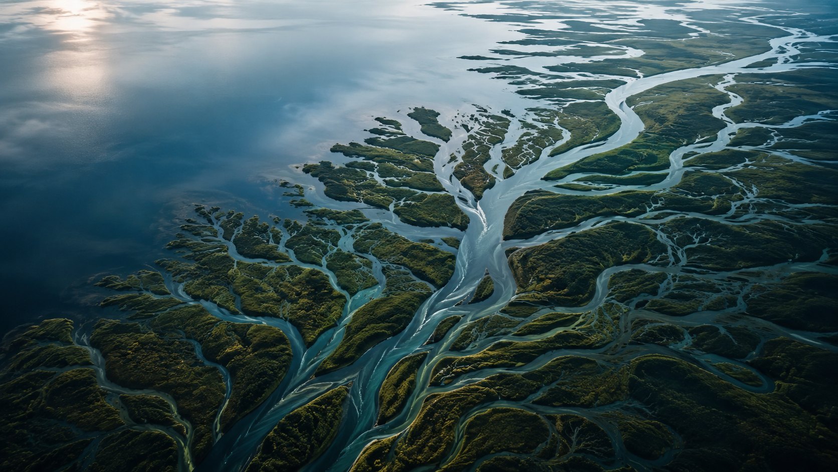 Aerial river delta with interdependent channels, symbolizing clinical programmes failing at functional interfaces.