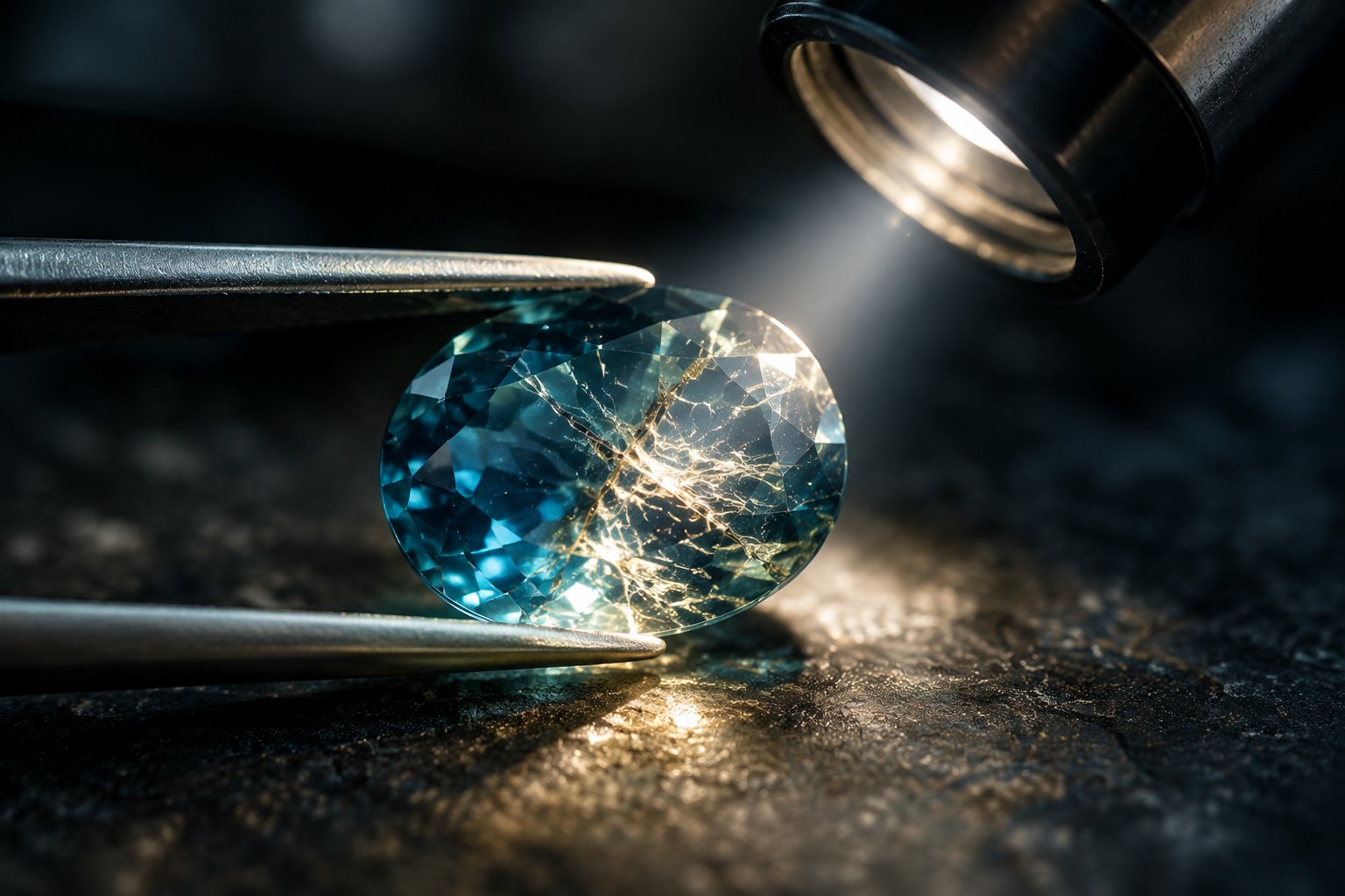 A faceted blue gemstone examined under precision light, revealing internal fractures and hidden value.