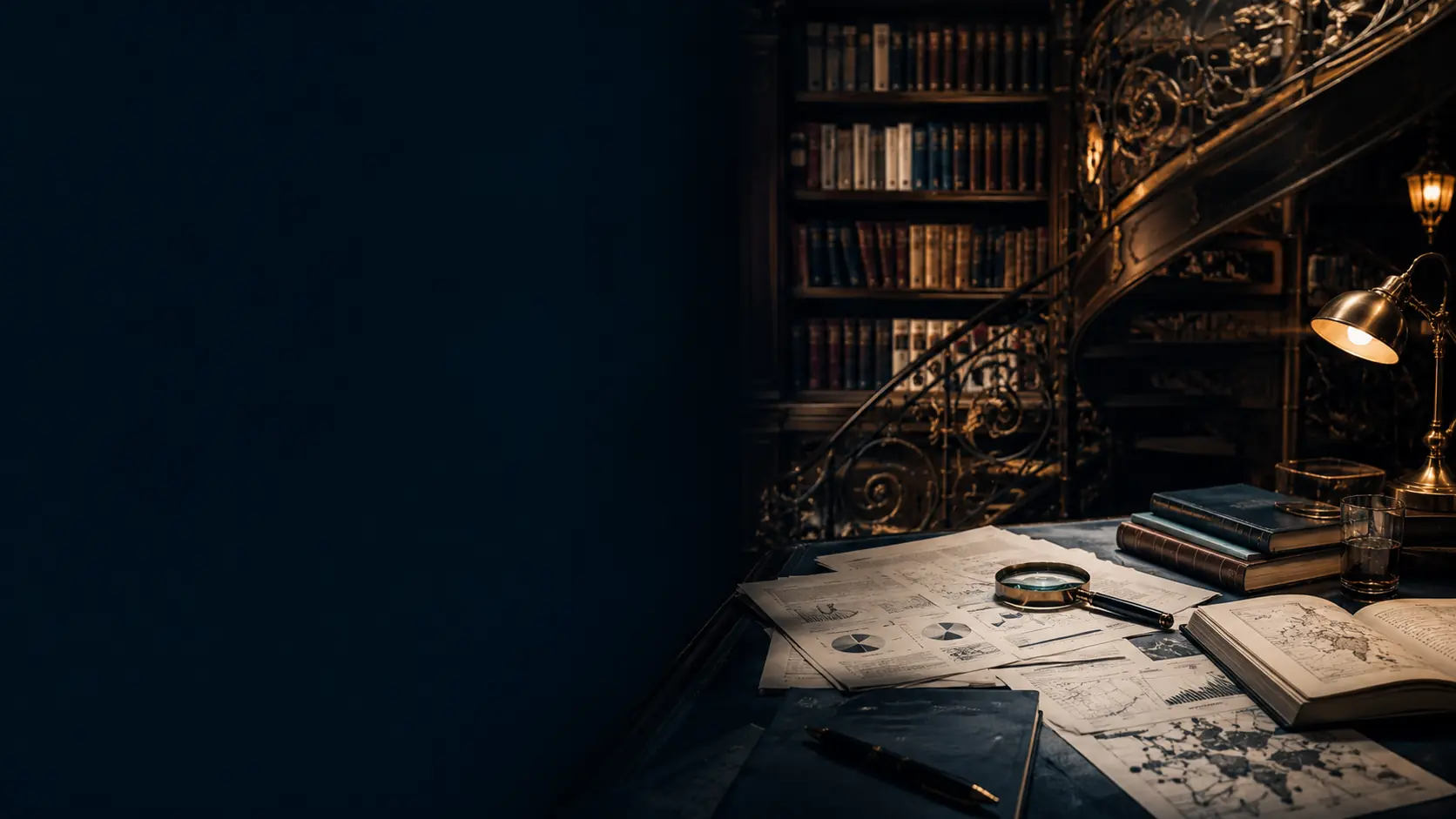 Cinematic library and research desk with scientific papers, books and analytical materials, representing publications, evidence and informed judgment.