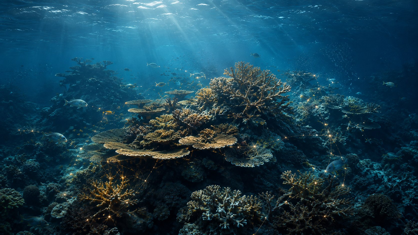 A mature coral reef growing into a living ecosystem, symbolizing Medical Affairs as continuing clinical development after launch.