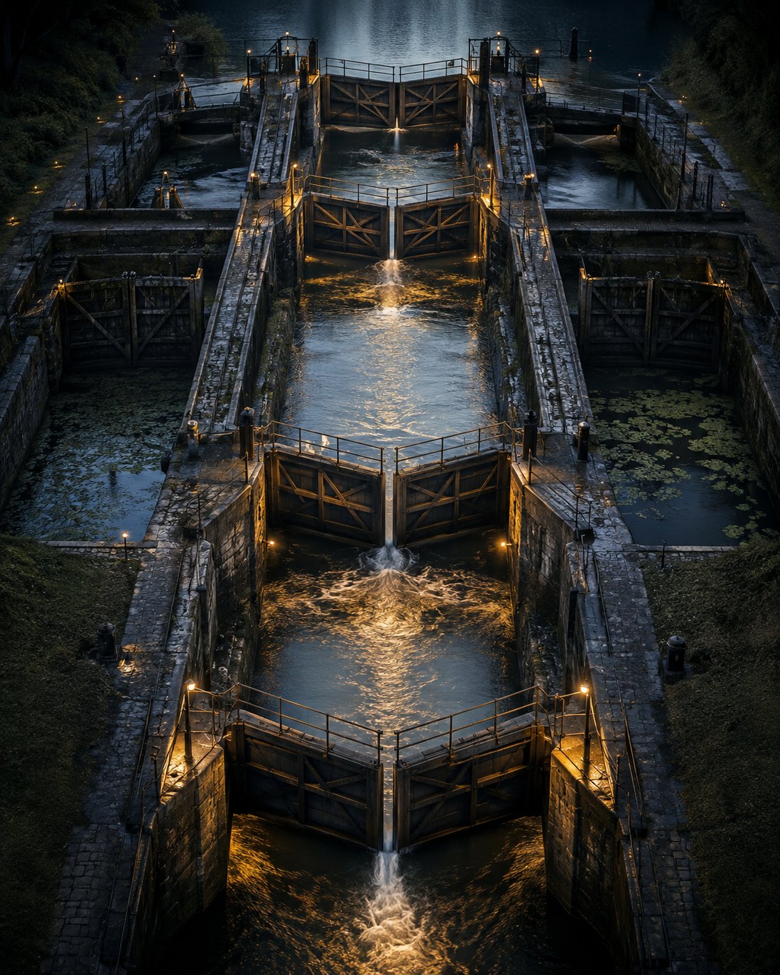 A sequence of illuminated water locks, symbolizing evidence passing through regulatory, payer and access gates.