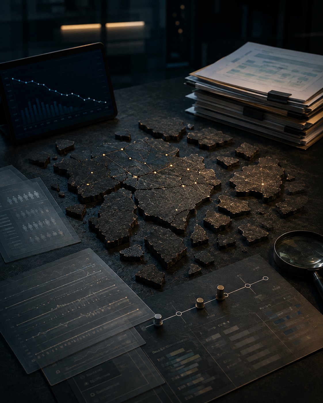 A fragmented operating map surrounded by layered documents and declining metrics, symbolizing hidden delivery costs beyond the proposal price.