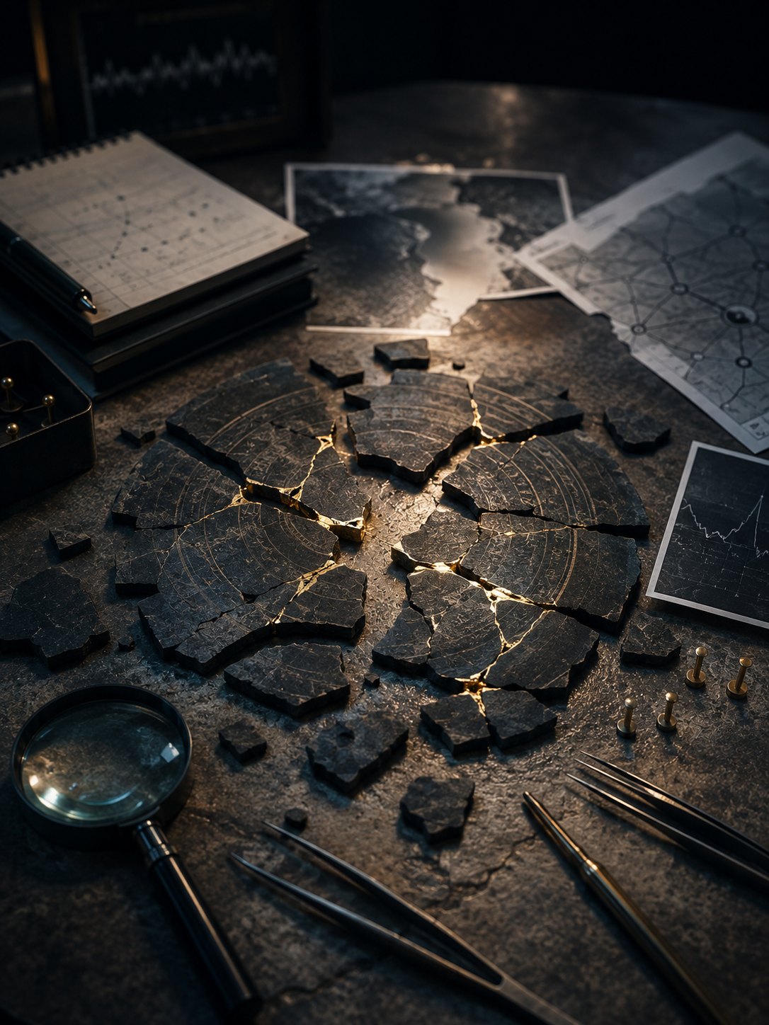 A shattered circular system reconstructed under forensic light, symbolizing clinical trial rescue and restored interpretability.