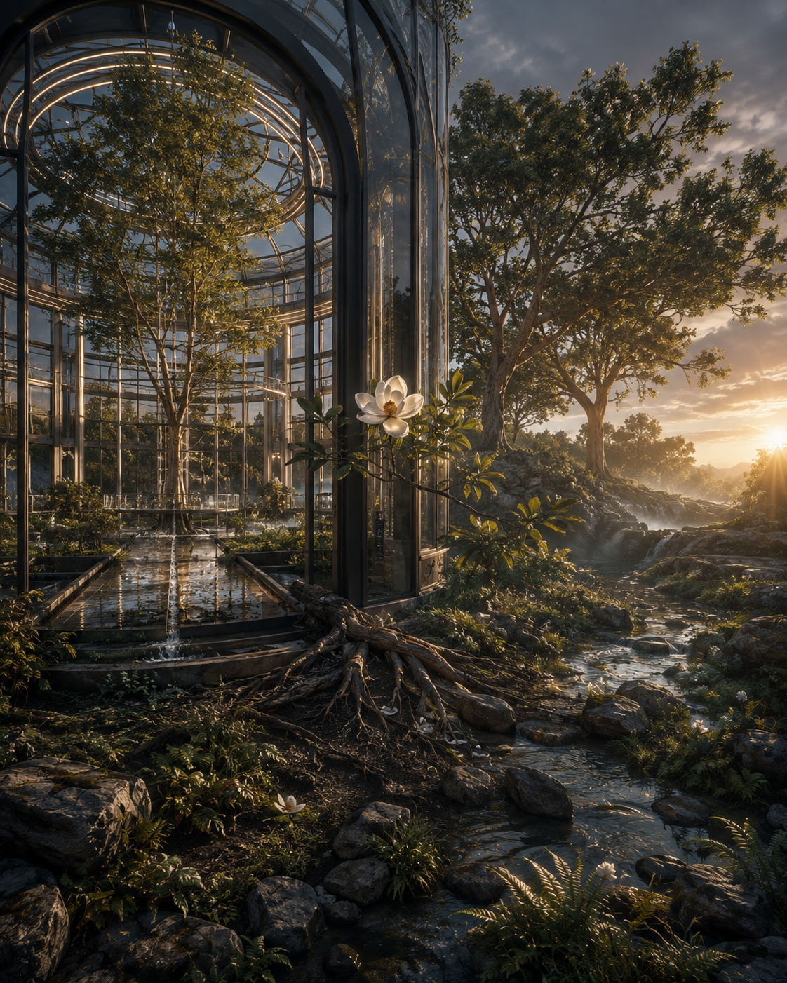 A cultivated tree extends from a controlled scientific greenhouse into a living landscape, symbolizing regulatory approval as a milestone and continuing lifecycle development after launch.