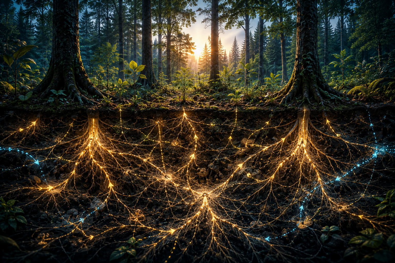 A forest and illuminated underground root network represent Medical Affairs connecting field insight, scientific evidence and lifecycle decisions.