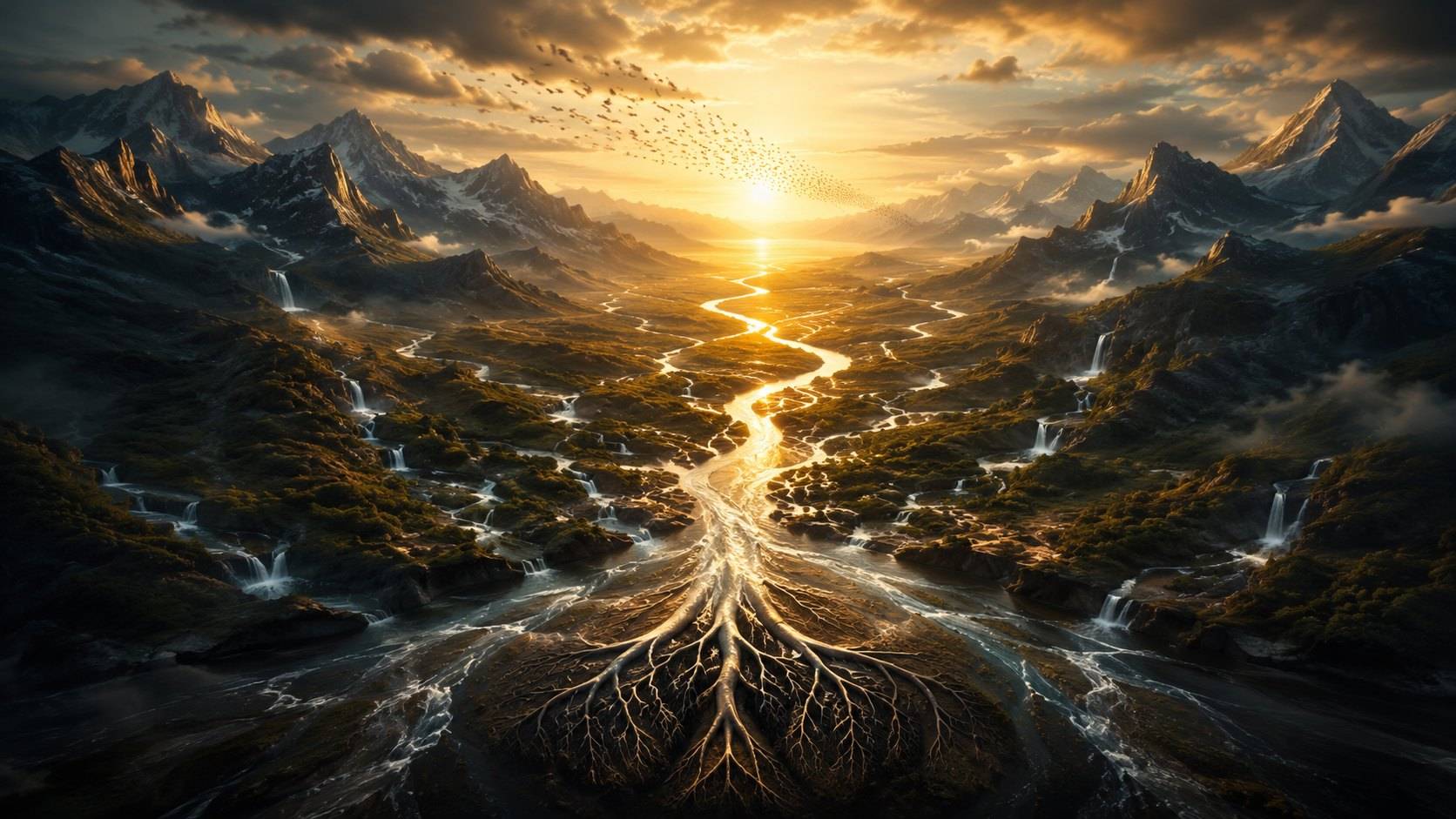 Multiple mountain streams converge into one illuminated river, representing clinical-development functions aligned into controlled execution.