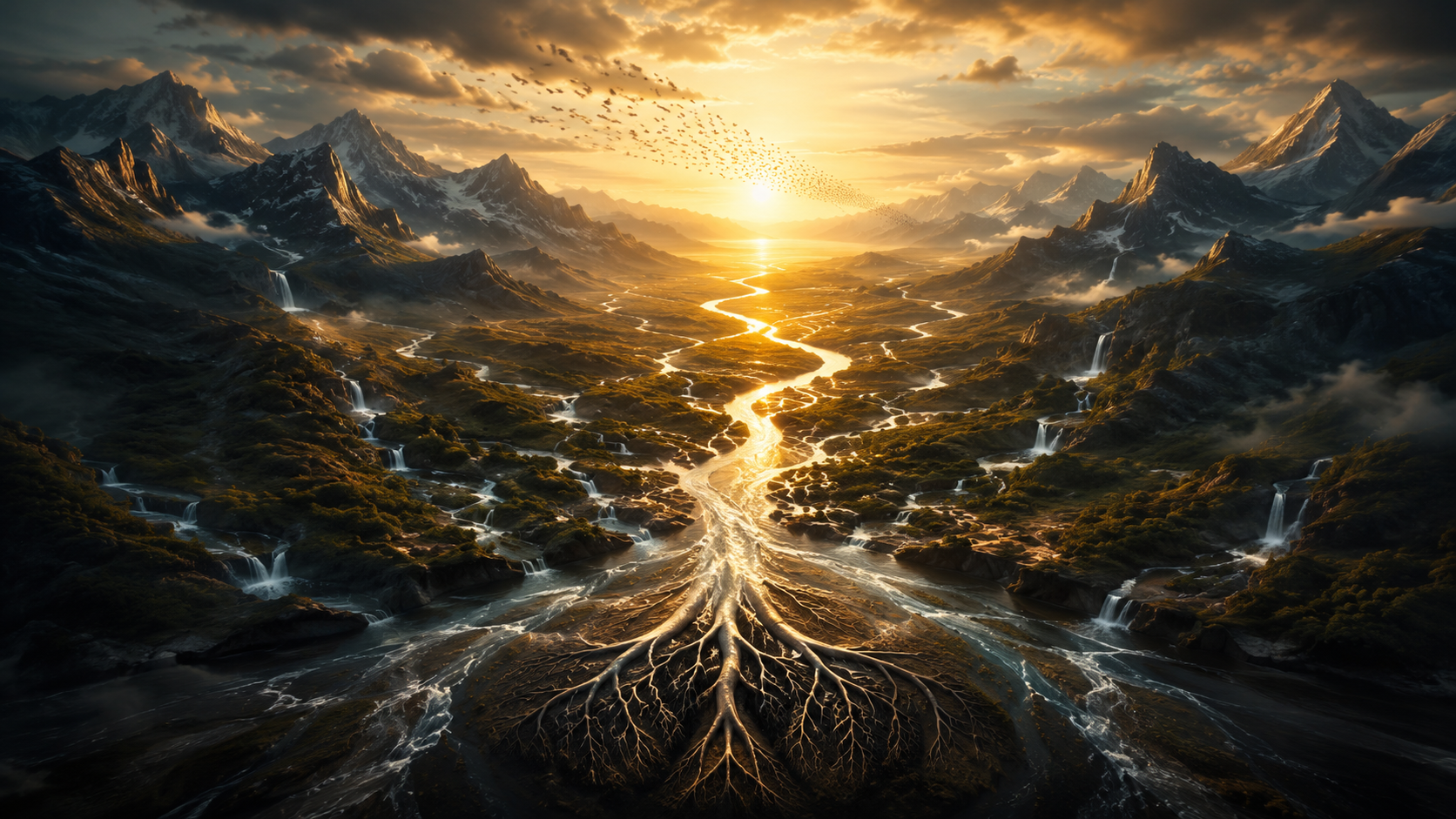 Multiple mountain streams converge into one illuminated river, representing clinical-development functions aligned into controlled execution.