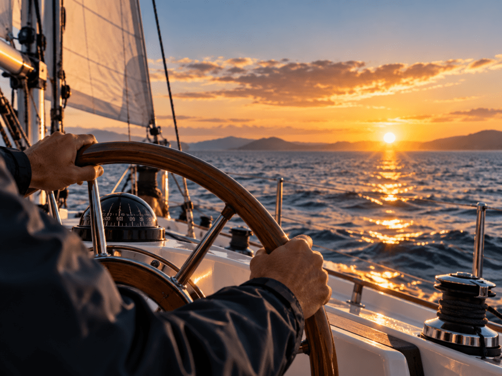 Leader at the helm of a sailing vessel, representing leadership foundations and decision ownership.