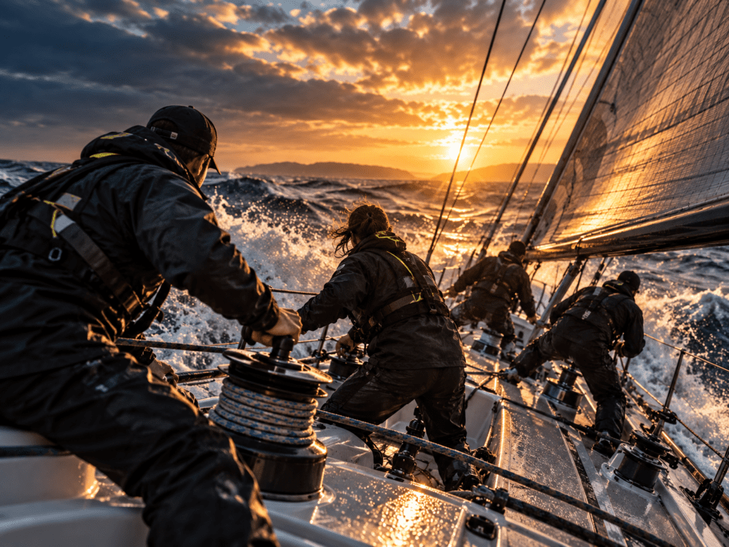 Sailing crew working together under pressure, representing high-performing team leadership.